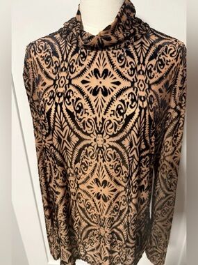 Live Love Dream 3XL Velvet Burnout Mesh Top Tan Black Cowl Neck Tunic